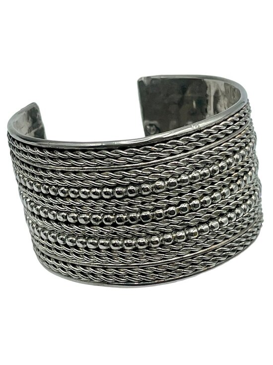 Artisan Jewelry - Cuff Bracelet Wide Silver Tone 7.25" Handmade Artisan Heavy Vintage 1970s BOHO